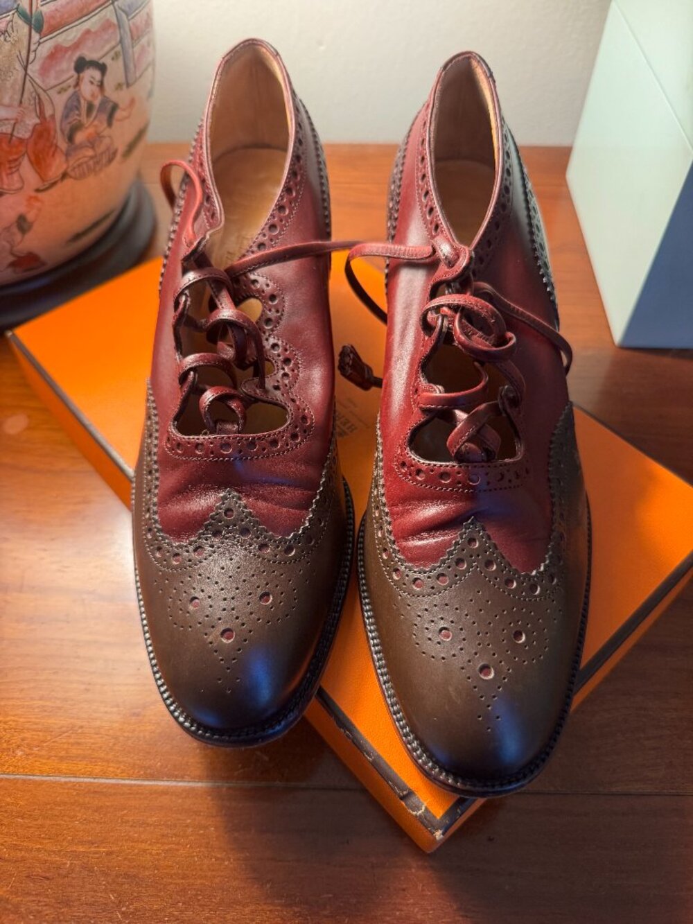 Vintage Hermès Calfskin Ghillies Brogue Lace-Up Shoes Excellent Size 37